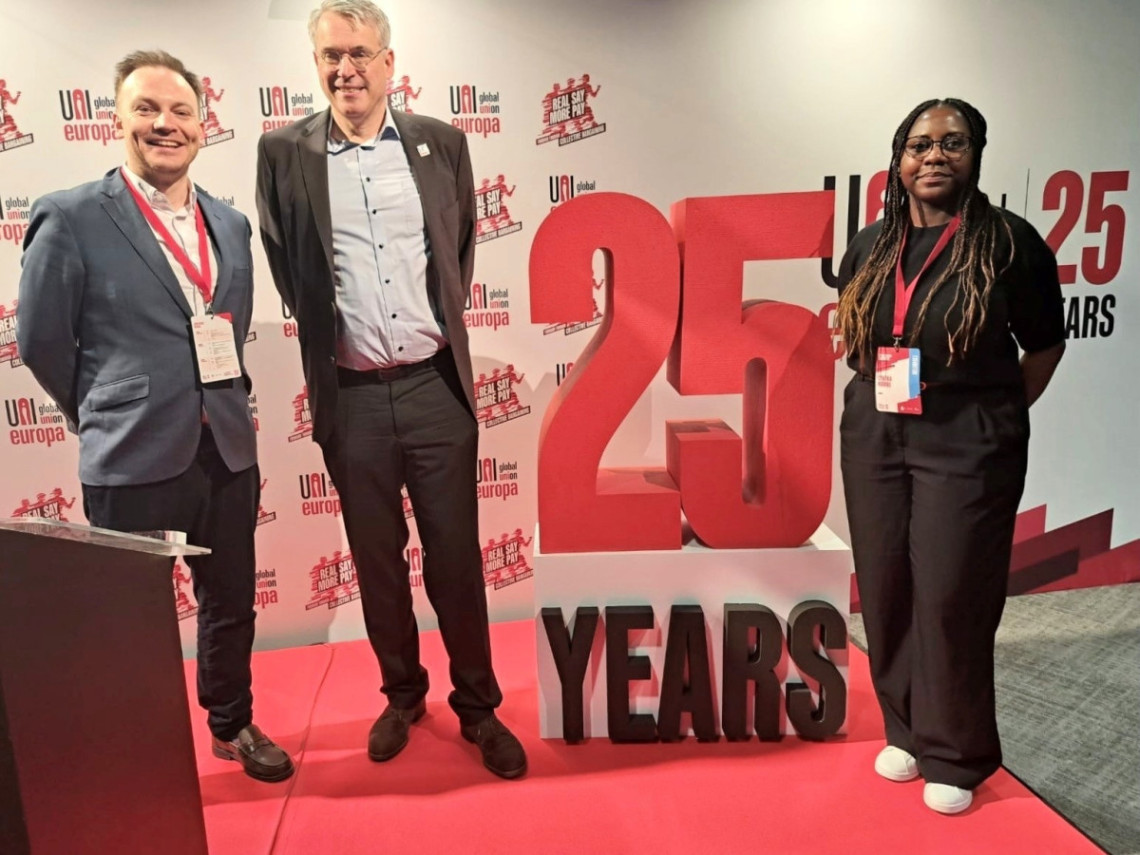 From left to right Paul Dillon (Syndex), Oliver Roethig (Regional Secretary Uni Europa), Cynthia Wambo (Syndex)