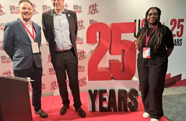 From left to right Paul Dillon (Syndex), Oliver Roethig (Regional Secretary Uni Europa), Cynthia Wambo (Syndex)